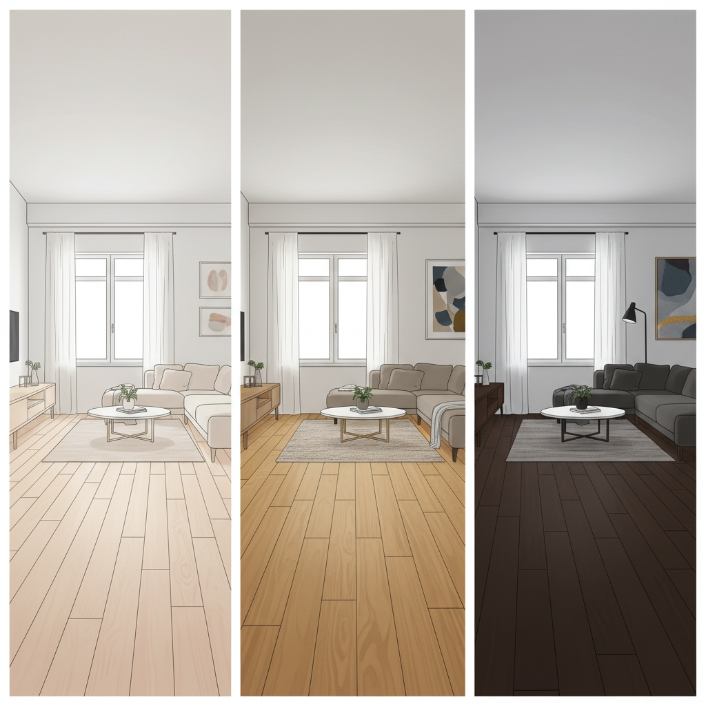 A triptych showing a modern living room with light, medium, and dark wood floors to illustrate their impact on perceived room size and warmth.
