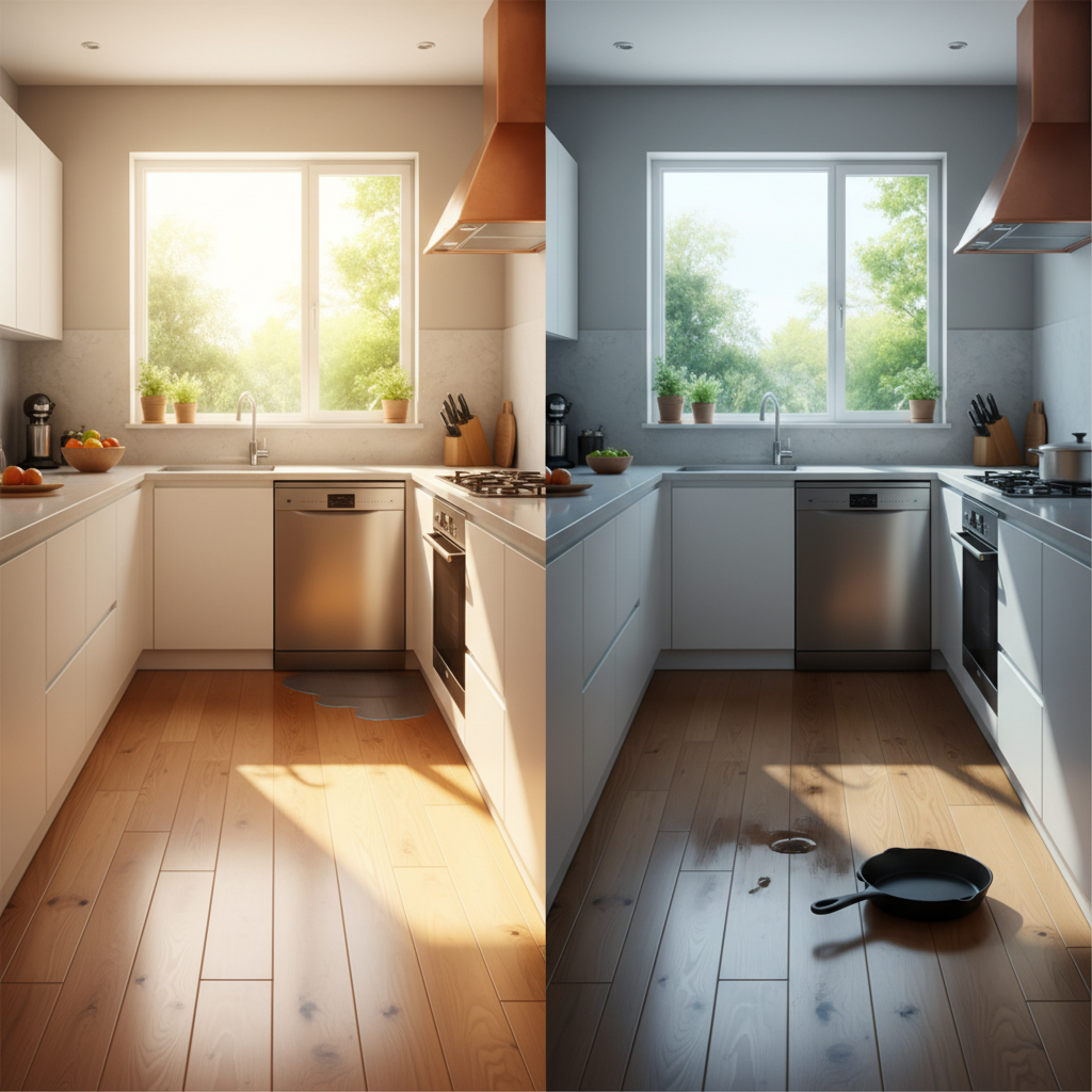 A split-scene illustration of a modern kitchen showing beautiful hardwood on one side and water damage from a leak on the other, highlighting the dilemma between aesthetics and practicality.