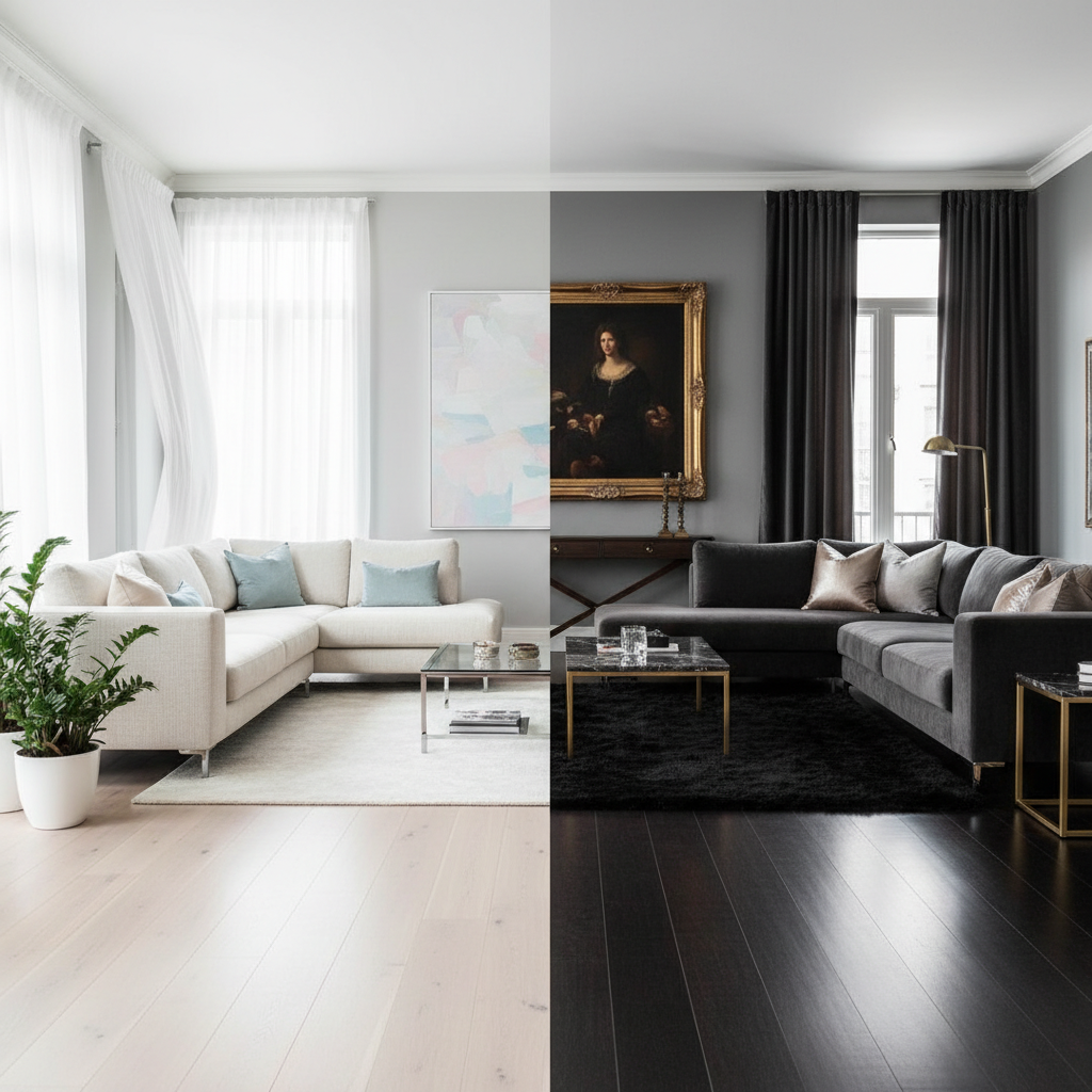 A modern interior living room split down the middle, showing a bright, airy light-colored hybrid hardwood floor on one side and a rich, dark-colored hybrid hardwood floor on the other, illustrating the contrast.