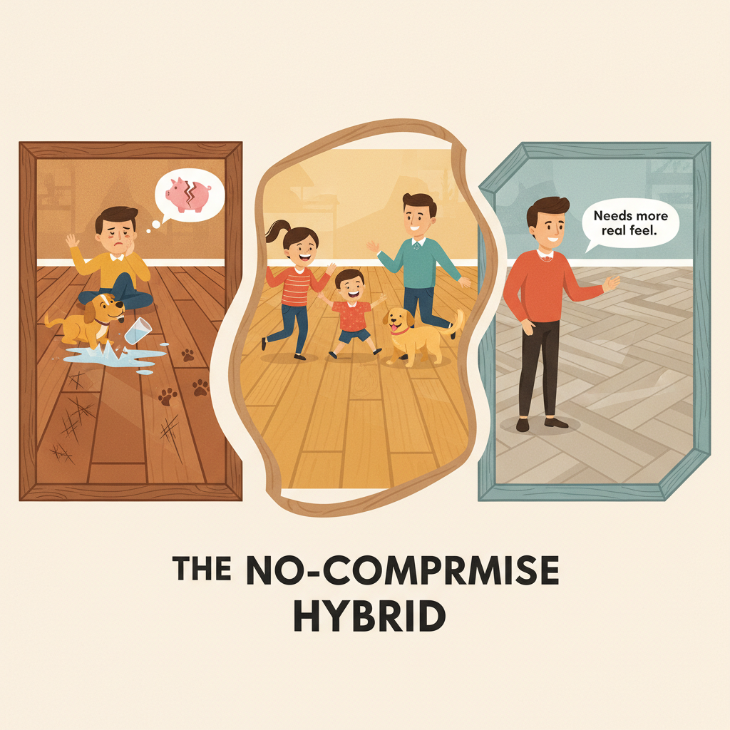 A dynamic illustration comparing traditional flooring dilemmas (scratches, water damage, artificial look) with the modern hybrid hardwood solution, showing a happy family on a pristine, wide-plank, warm oak floor.