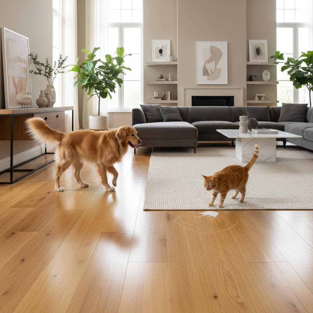 A modern living room with hardwood floors, a golden retriever, and a cat, illustrating the balance between aesthetics and durability for pet owners.