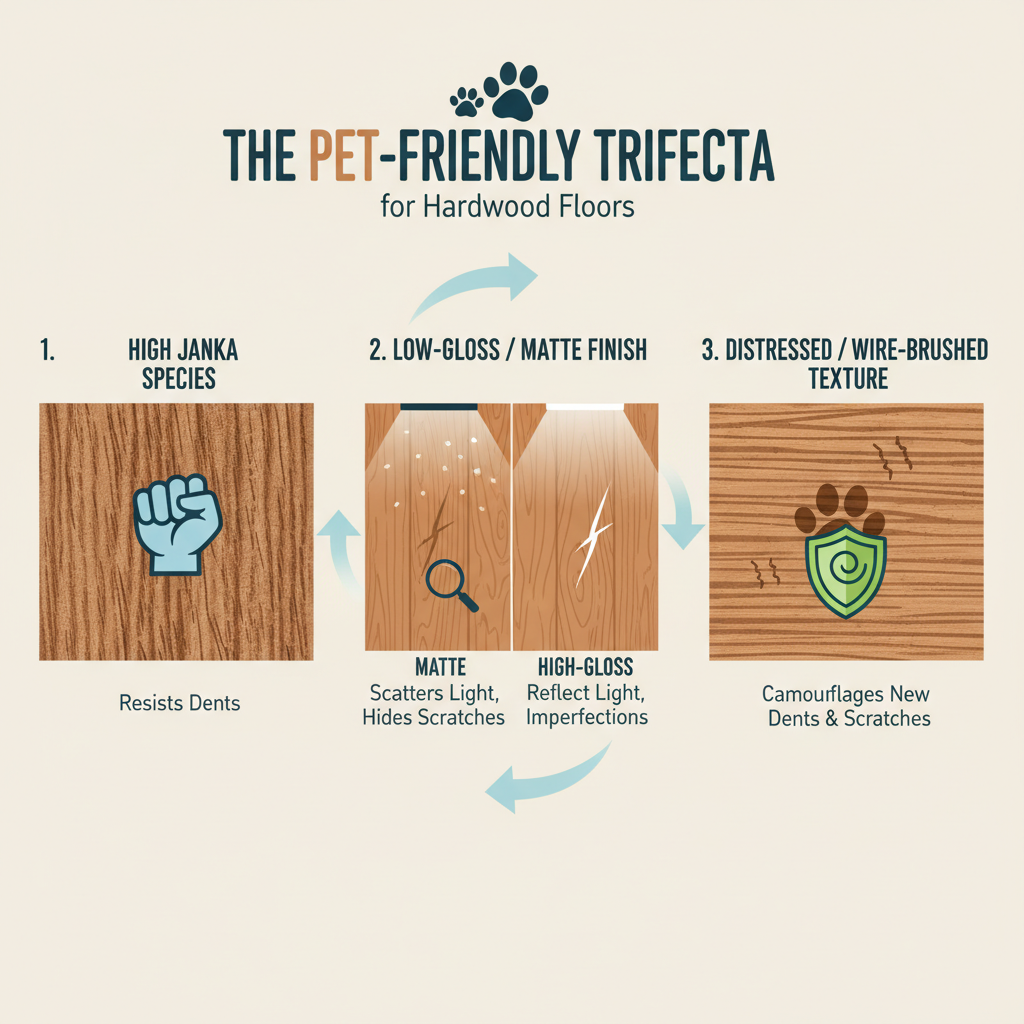 An infographic-style illustration demonstrating 'The Pet-Friendly Trifecta' for hardwood floors.