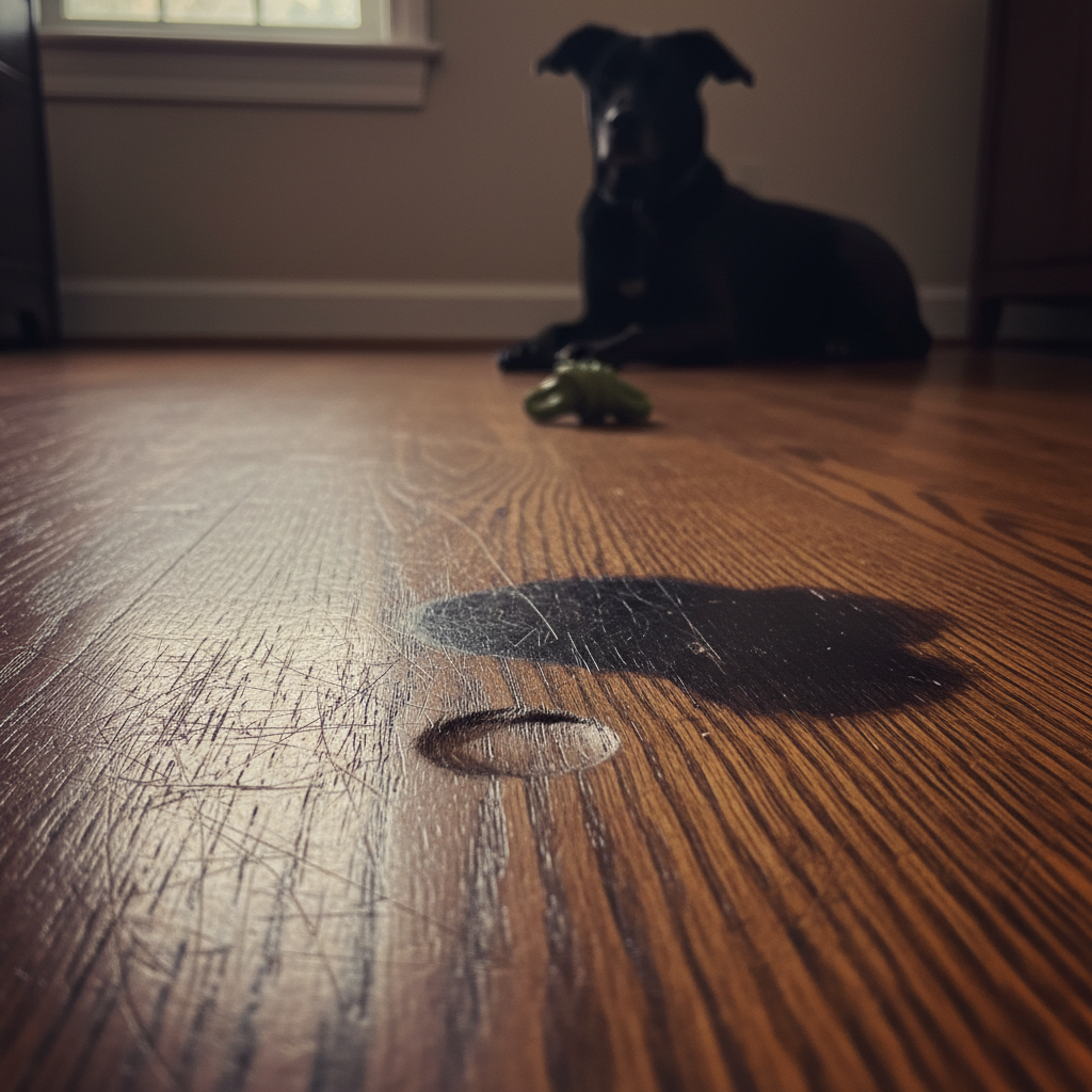 A photorealistic, slightly dramatic image depicting the common pet owner's flooring dilemma. The foreground shows a luxurious, traditional hardwood floor. However, in distinct areas, there are clear signs of damage: fine, white dog nail scratches catching the light, a noticeable deep dent from a heavy impact, and a dark, irreversible black pet urine stain seeping into the wood grain. A subtle, blurred silhouette of a dog might be in the background, hinting at the cause. The mood is one of frustration mixed with the desire for beauty.
