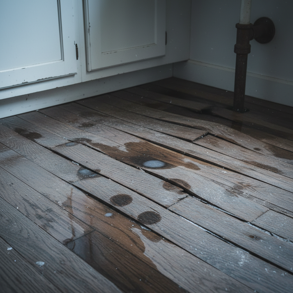 A close-up, slightly dramatic shot of a severely water-damaged traditional hardwood floor in a kitchen or bathroom. Show warped, buckled, and discolored planks with visible water rings or standing water. The scene should convey a sense of urgency and damage.