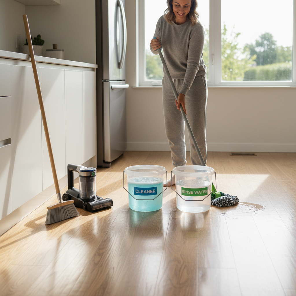A person demonstrating the two-bucket system for cleaning hybrid hardwood floors with a microfiber mop, alongside a broom and vacuum.