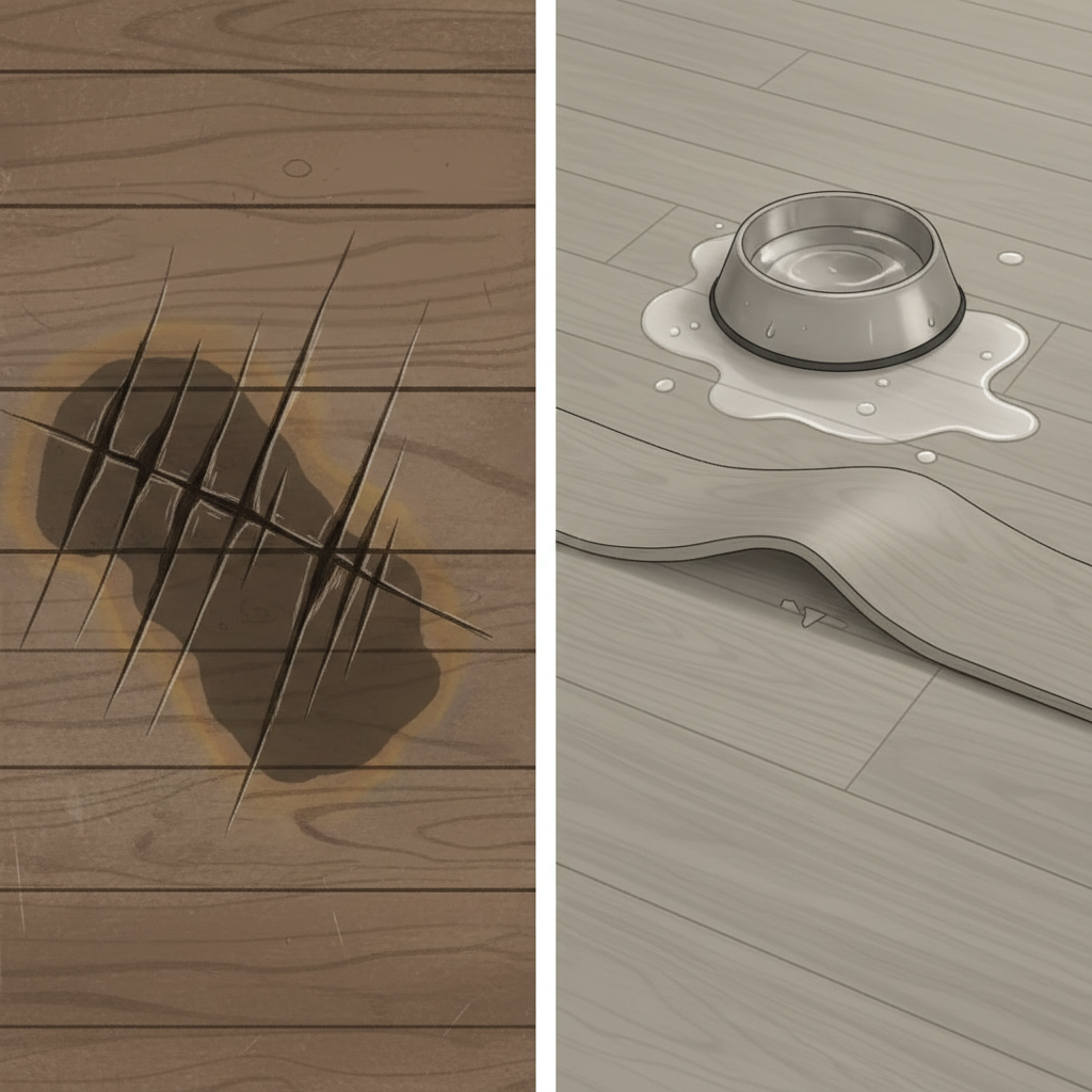 A compelling illustration of common traditional flooring failures due to pets, showing deep dog claw scratches, dark urine stains on hardwood, and buckled laminate from water damage.
