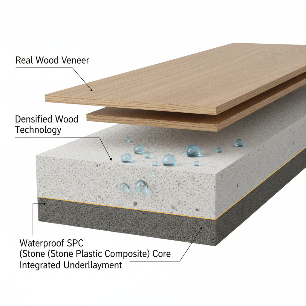 A detailed cross-section diagram of a hybrid hardwood plank, showing layers: real wood veneer, optional densified wood, waterproof SPC core, and integrated underlayment.
