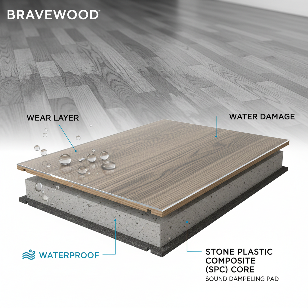 A detailed cross-section diagram of a Bravewood waterproof hybrid hardwood plank, showing wear layer, wood-grain layer, and SPC rigid core. Water beads up on the surface, while a warped traditional wood floor is in the background.
