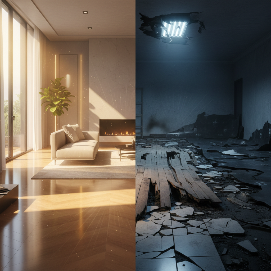 A dynamic split image contrasting two scenarios for underfloor heated floors. Left side: a luxurious, modern living room with a perfectly warm, pristine adamantine floor, glowing subtly with inviting warmth, light streaming in. Right side: a damaged, unsightly floor with visible signs of failure – warped hardwood planks, cracked ceramic tiles, and melted vinyl, all showing stress lines from trapped heat. Style: photorealistic, high contrast, emphasizing comfort on the left and distress on the right, with warm tones for success and cool/harsh tones for failure.