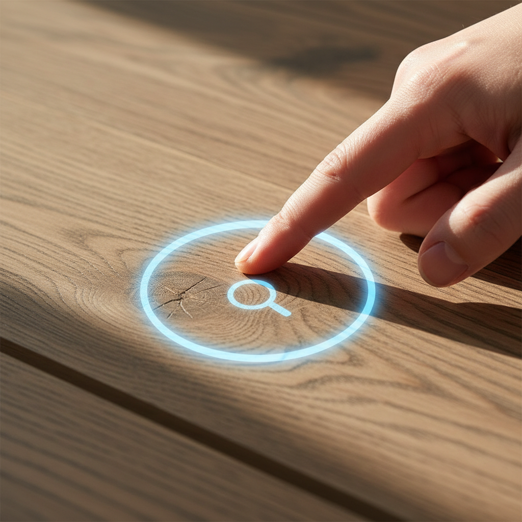 A close-up, high-definition shot of a human hand (fingertips) gently touching a hybrid hardwood floor plank. The plank should clearly display a realistic wood grain pattern with visible knots and texture. A subtle visual effect (e.g., a faint, glowing overlay or a magnifying glass icon) should highlight how the physical texture perfectly aligns with the printed wood grain, emphasizing the 'Embossed-in-Register' (EIR) technology. Style: photorealistic, focus on texture and detail, warm natural light.
