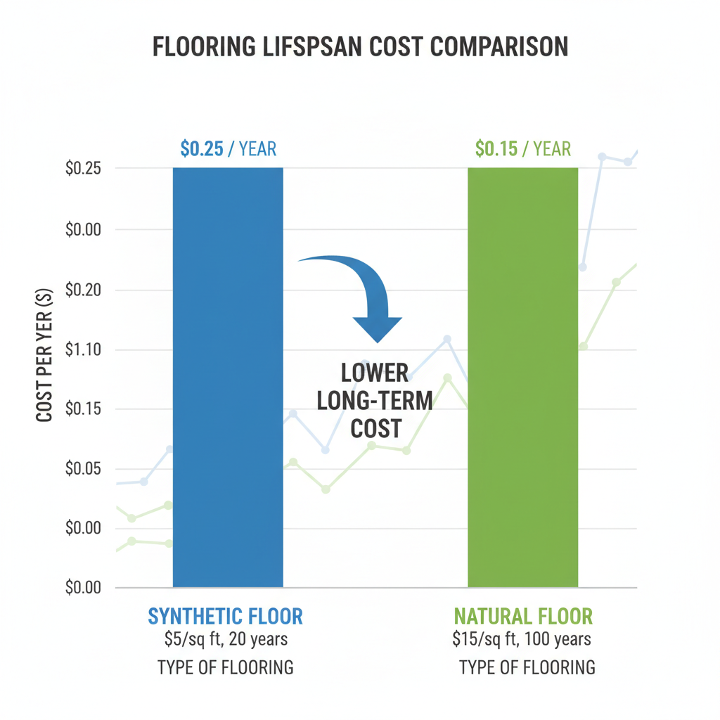 A clear, comparative bar chart or line graph illustrating 'Cost per Year of Lifespan' for two types of flooring. One bar/line represents a 'Lower Initial Cost, Shorter Lifespan' synthetic floor (e.g., $5/sq ft, 20 years = $0.25/year). The other bar/line represents a 'Higher Initial Cost, Longer Lifespan' natural floor (e.g., $15/sq ft, 100 years = $0.15/year). The graph should visually emphasize that the higher upfront investment leads to a lower long-term annual cost.