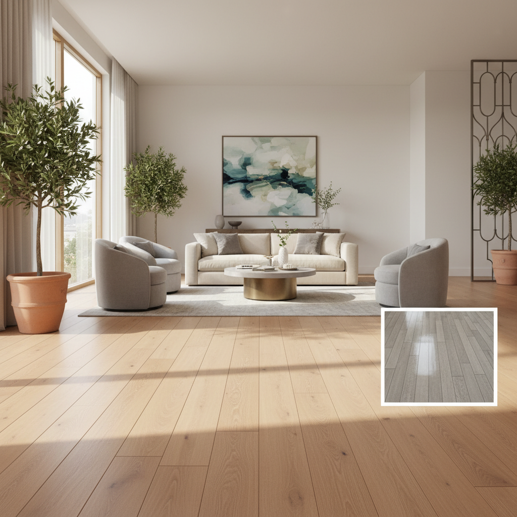 A stylish modern living room showcasing wide-plank, warm white oak hybrid hardwood floors with an ultra-matte finish, emphasizing seamless visual flow and natural light.