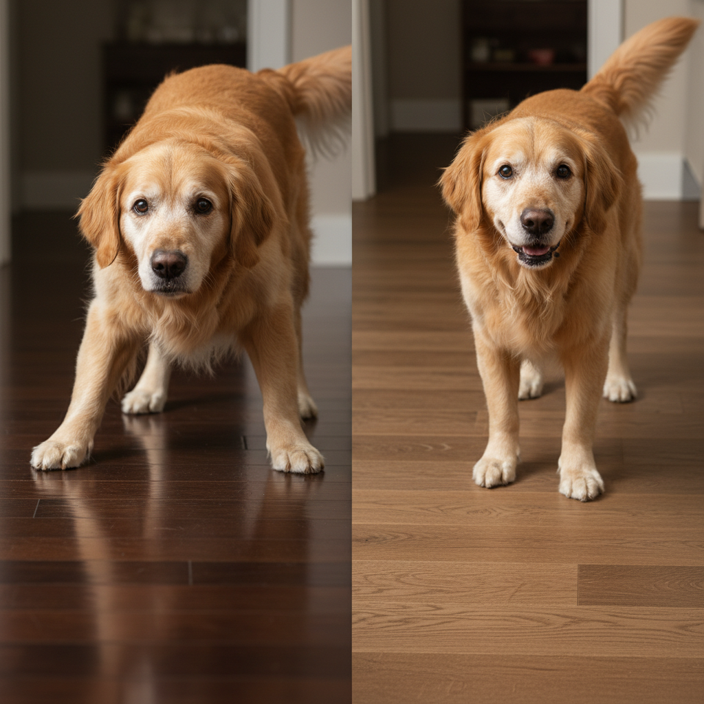 A split image showing an older dog struggling on a glossy floor versus walking confidently on a textured, matte floor, highlighting the importance of traction for senior pets.