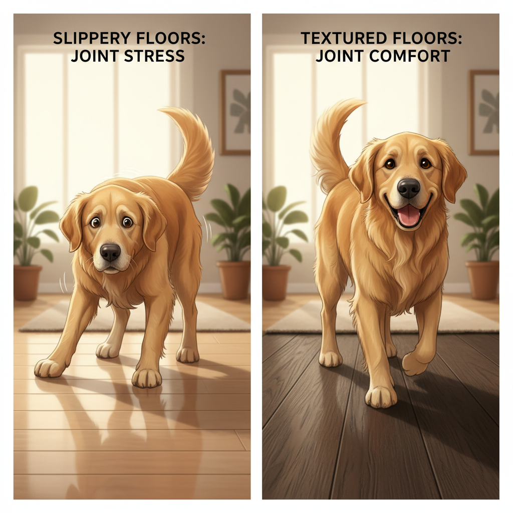 A split-panel illustration focusing on canine joint health and flooring traction.