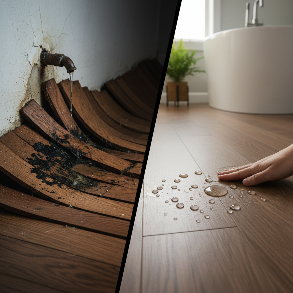 A split-panel image showing a severely warped traditional hardwood floor on the left and a pristine Bravewood hybrid hardwood floor with water droplets on the right.