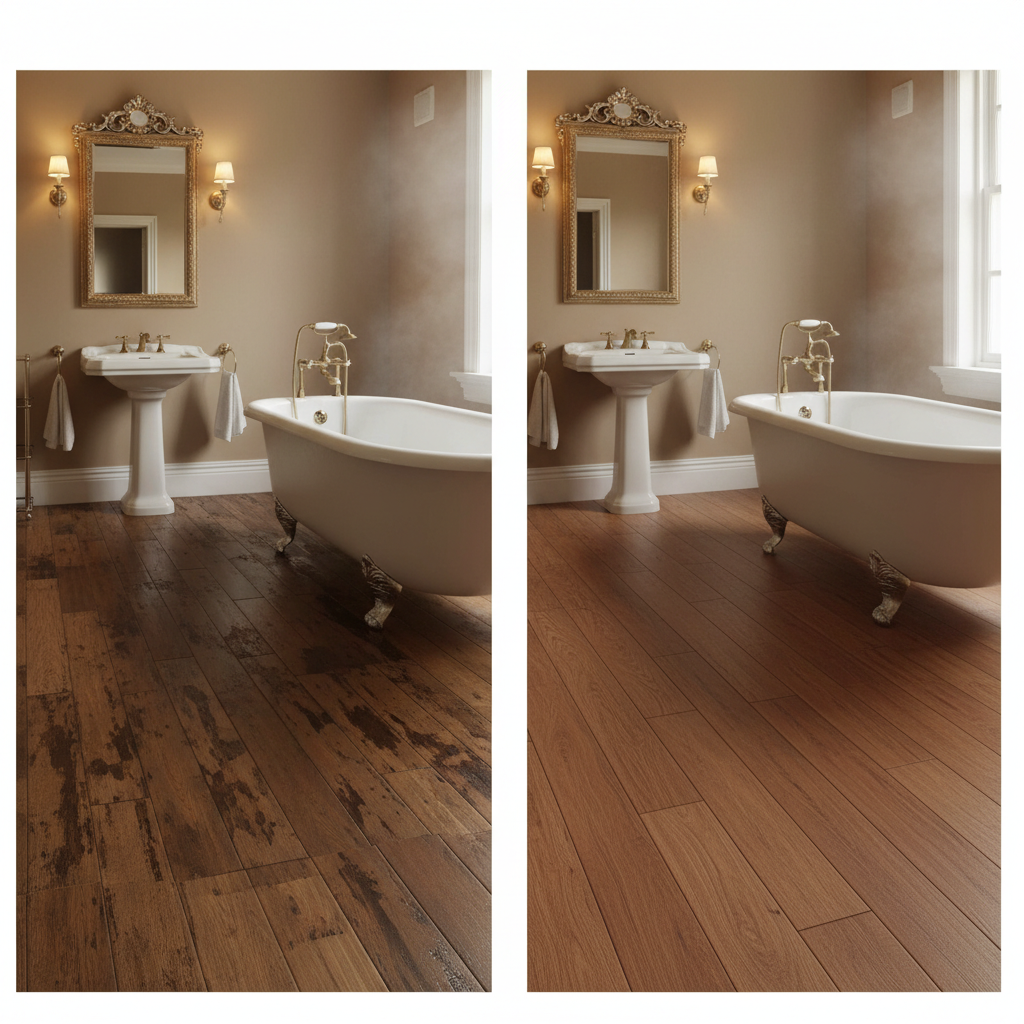 A split image of two elegant bathroom scenes. On the left, a luxurious bathroom with traditional hardwood flooring showing clear signs of water damage: cupping, dark stains, and a slightly warped appearance, hinting at moisture. On the right, the same luxurious bathroom featuring flawless, pristine Bravewood hybrid hardwood, looking perfectly stable and beautiful despite a steamy environment indicated by a subtle mist.