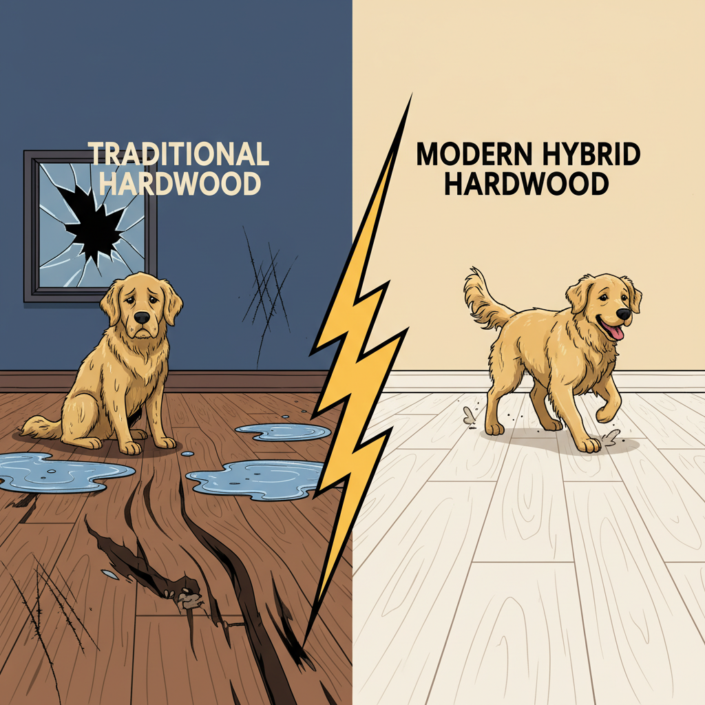 A dynamic, split-panel illustration comparing traditional hardwood vulnerabilities with modern hybrid hardwood durability. Left panel: a distressed, warped hardwood floor with visible water puddles, deep scratches from pet claws, and a sad, wet golden retriever. Right panel: a pristine, luxurious waterproof hybrid hardwood floor, perfectly flat and clean, with a happy, dry golden retriever playing, showcasing an authentic wood look.