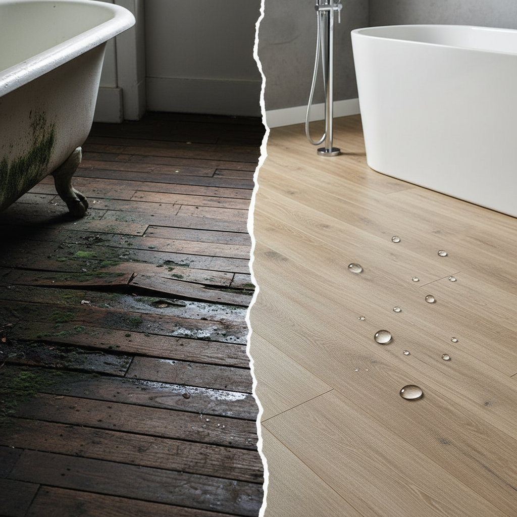 A split-screen image showing a warped, moldy traditional hardwood floor on one side and a pristine, waterproof wood-look floor on the other, highlighting damage vs. durability in a bathroom.