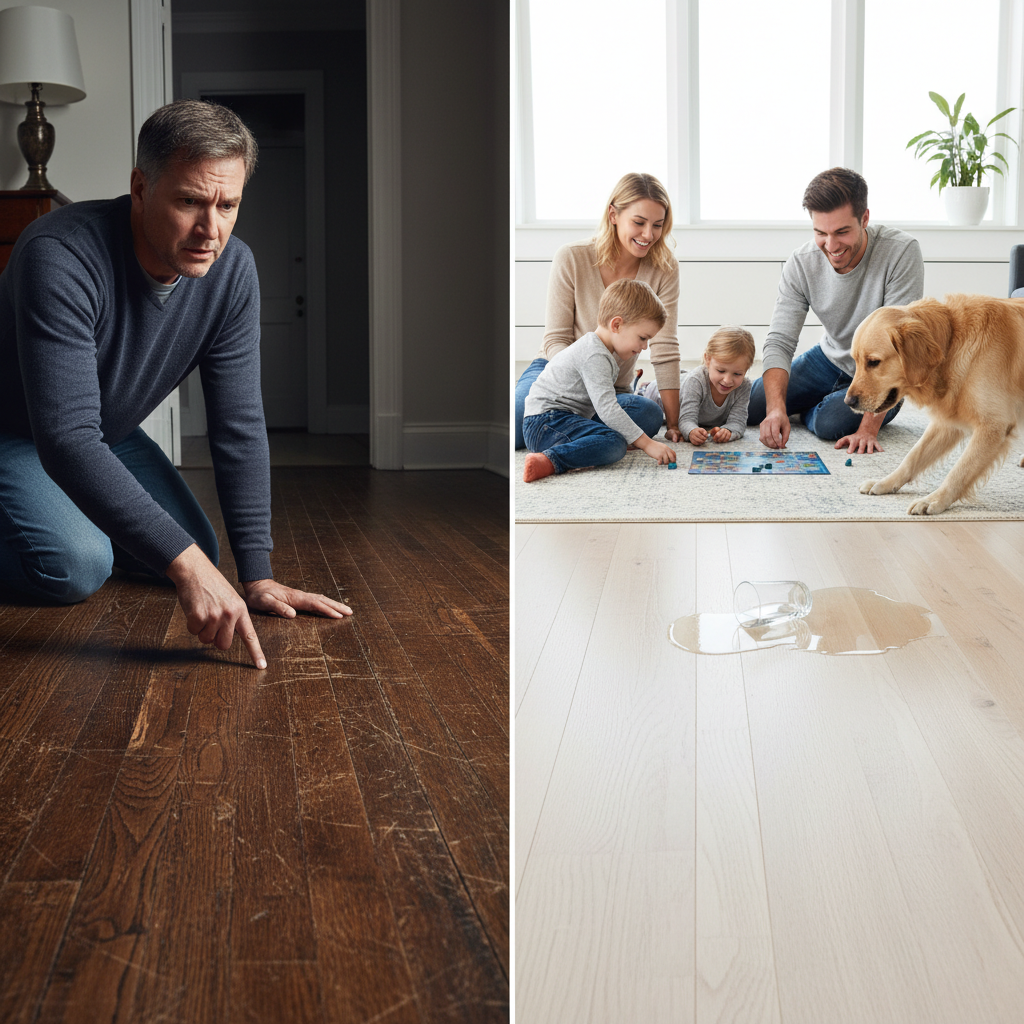 A split-screen image comparing traditional hardwood (scratched, warped, worried homeowner) with Bravewood hybrid hardwood (pristine, happy family, dog, spilled water, intact floor) to illustrate durability.