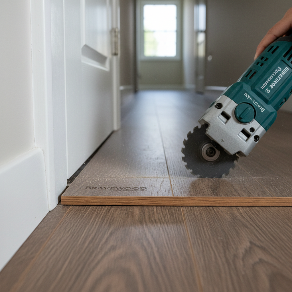 Close-up of an oscillating multi-tool undercutting a door jamb to allow Bravewood hybrid hardwood flooring to slide underneath for a seamless, professional finish.