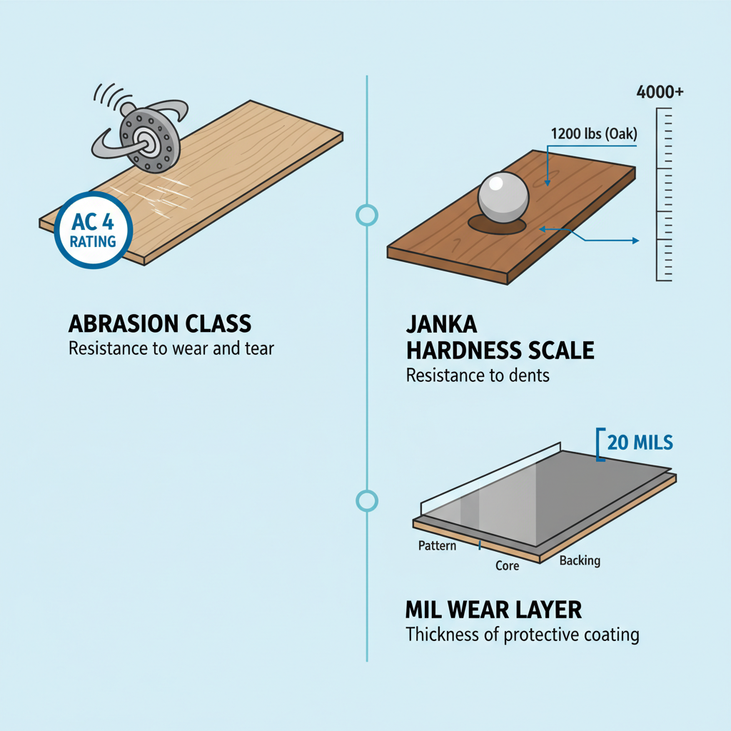 An infographic-style illustration explaining three key flooring durability metrics. Section 1 (Abrasion Class): A stylized laminate plank with an AC rating label, showing a rotating abrasive wheel lightly scuffing its surface. Section 2 (Janka Hardness Scale): A cross-section of a wood plank with a steel ball indenting its surface, next to a numerical scale. Section 3 (Mil Wear Layer): A magnified cross-section of an LVP plank, clearly showing the transparent top wear layer with 'mils' indicated.