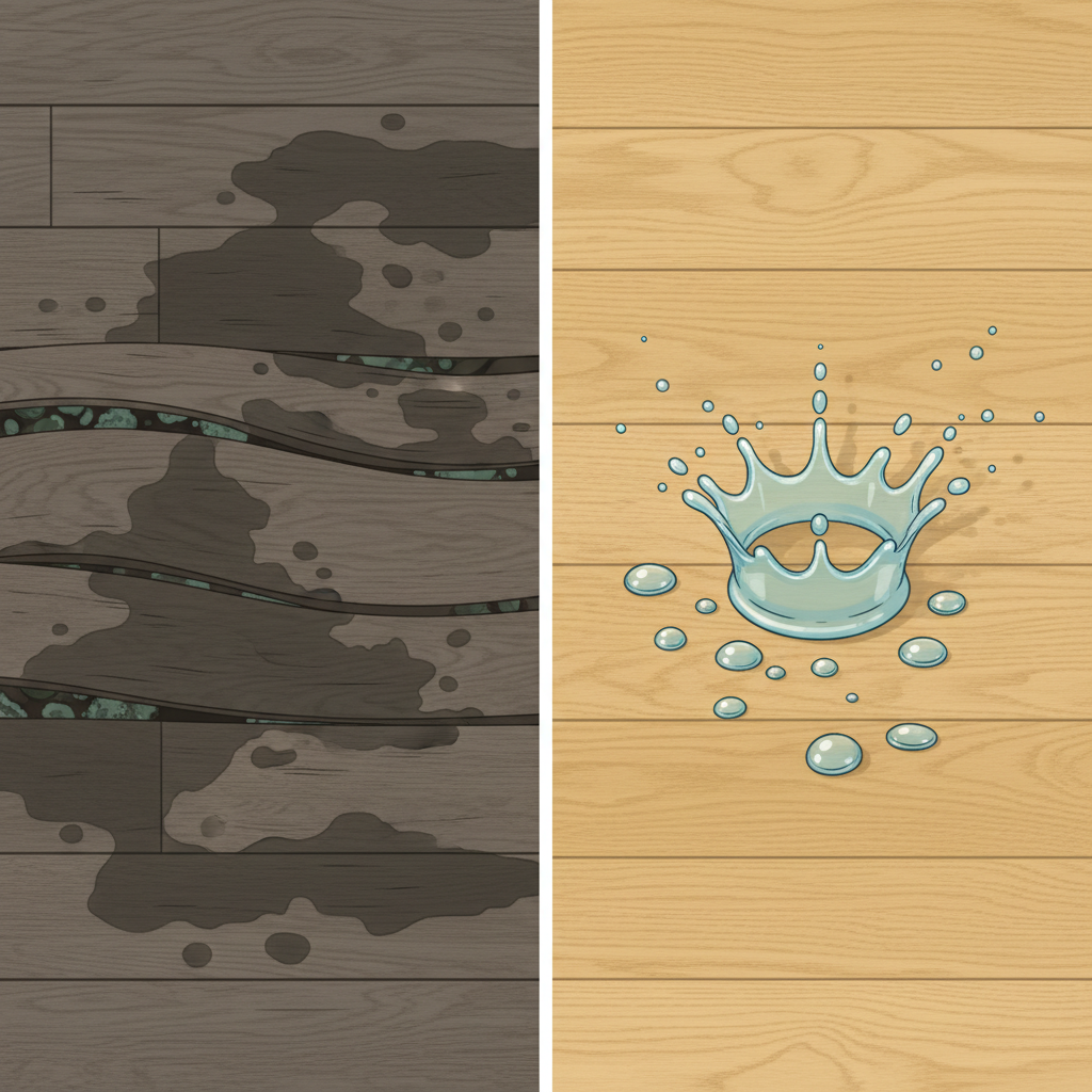 A split-panel image showing severe water damage on traditional hardwood on the left, and a pristine waterproof hybrid floor with water beading on the right, illustrating damage versus protection.