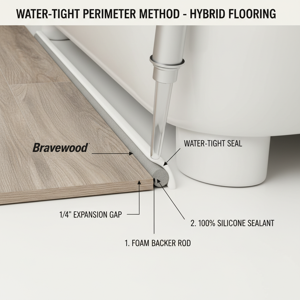 A detailed, close-up instructional illustration of the 'Water-Tight Perimeter Method' for installing hybrid flooring in a bathroom. Show a segment of Bravewood hybrid flooring meeting a wall or bathtub. Clearly depict a 1/4-inch expansion gap. Inside the gap, show a foam backer rod being inserted, followed by a bead of 100% silicone sealant being applied over the backer rod, creating a flush, waterproof seal. The process should be clear and step-by-step within the single image, possibly with arrows indicating application.
