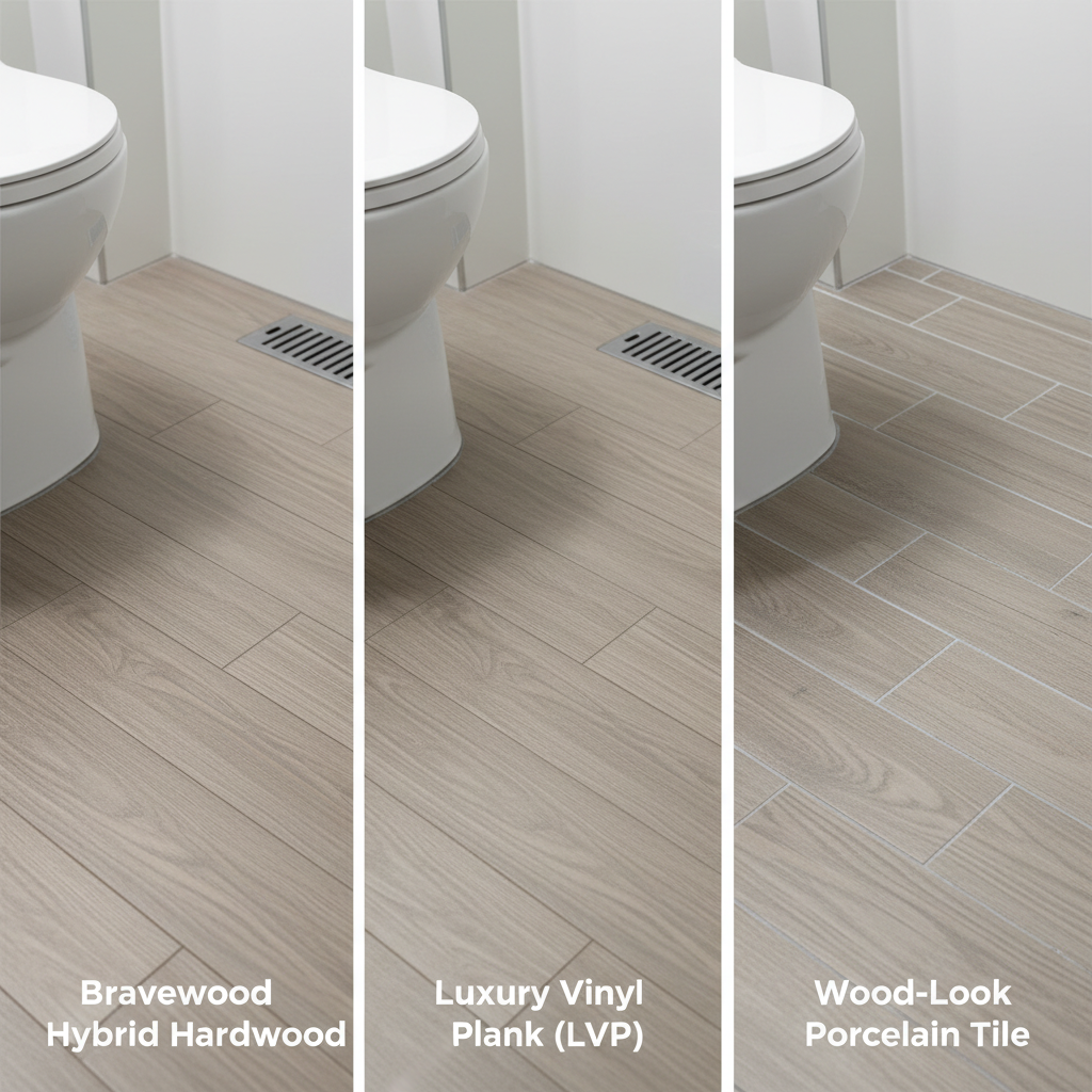 A triptych (three-panel) comparison. Each panel shows a close-up of a different waterproof bathroom flooring option in a modern, well-lit bathroom setting. Panel 1: Bravewood hybrid hardwood, showcasing a seamless, authentic wood grain with Embossed-in-Register (EIR) texture, no visible repetitions. Panel 2: Luxury Vinyl Plank (LVP), showing a slightly repetitive pattern and a subtle 'plasticky' sheen that gives away its artificial nature. Panel 3: Wood-look porcelain tile, clearly showing visible grout lines breaking the wood illusion.