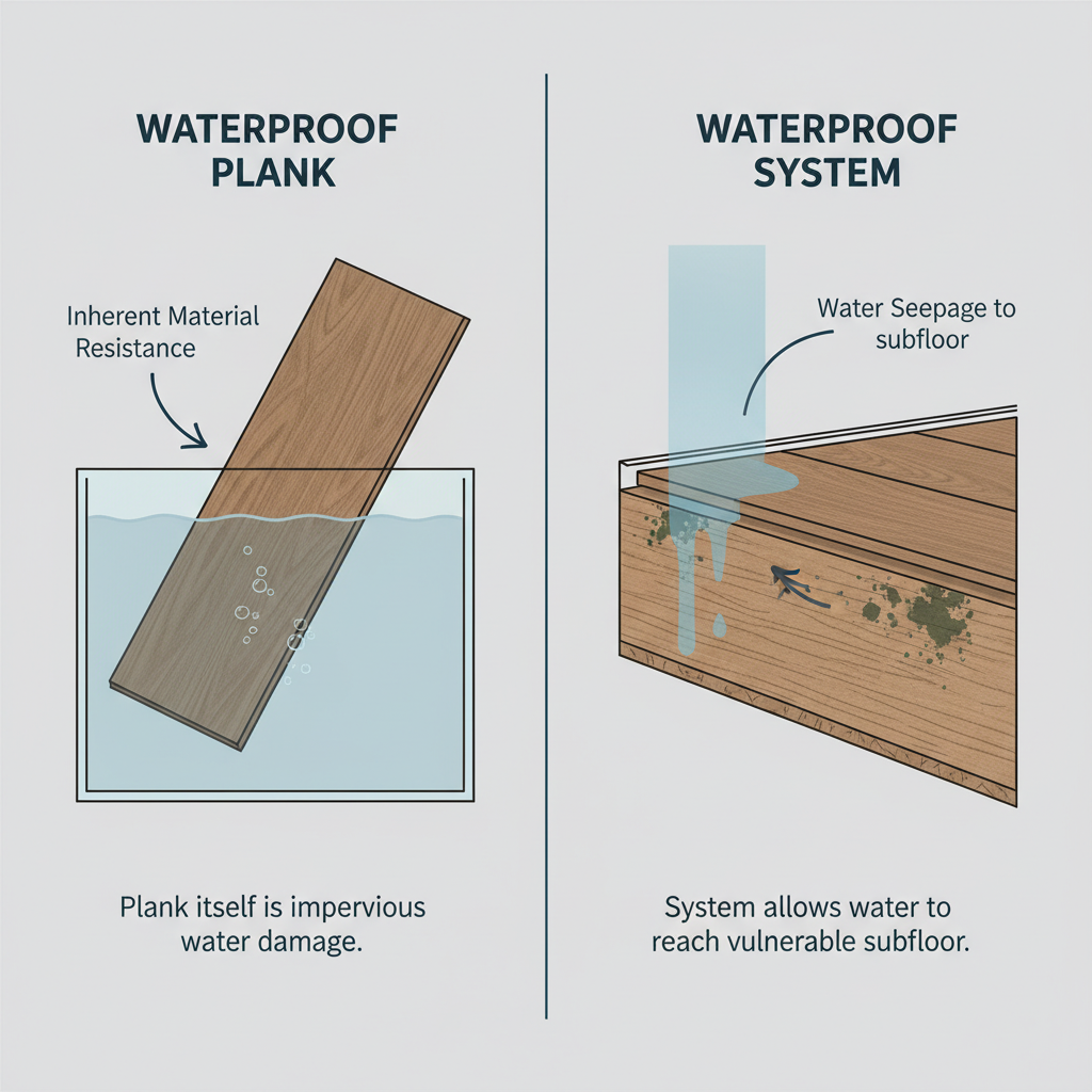 A conceptual illustration contrasting 'waterproof plank' versus 'waterproof system'. On the left: A single hybrid hardwood plank partially submerged in a clear tank of water, showing no signs of swelling or damage, emphasizing its inherent waterproof materials. On the right: A cutaway diagram of an installed flooring system over a wooden subfloor, with water seeping *underneath* the planks through an expansion gap, pooling on the subfloor and showing early signs of mold growth. The image should clearly differentiate between the plank's material integrity and the system's vulnerability. Style: clean, informative, slightly diagrammatic.