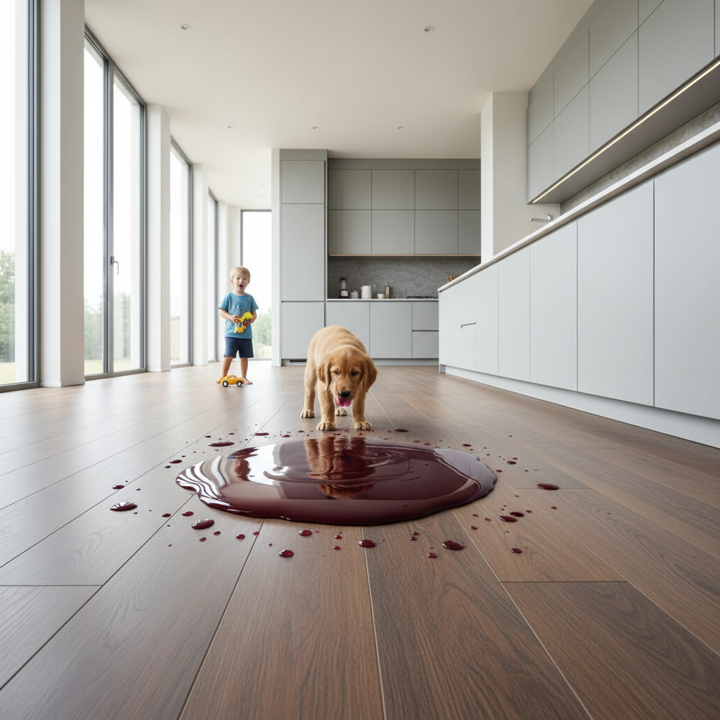 A modern kitchen scene with a dramatic, illustrative focus on a red wine spill on a waterproof hybrid hardwood floor. The liquid is contained on the surface, not seeping into the planks, demonstrating its waterproof qualities. In the background, a child or pet is visible, hinting at the everyday stresses. The lighting is bright and clean, emphasizing the resilience of the flooring. Style: realistic yet slightly stylized, focusing on the liquid's interaction with the floor surface.