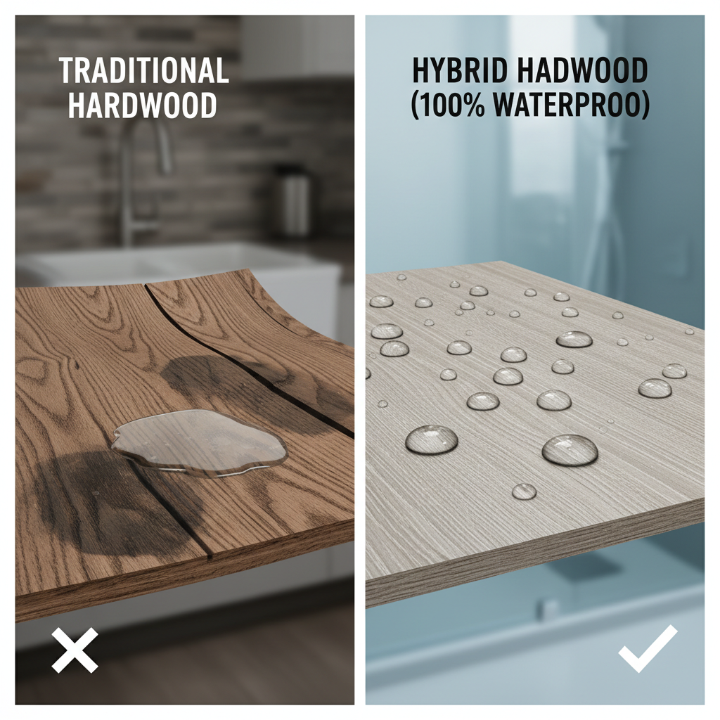 Split panel showing warped, water-damaged traditional hardwood on left, and pristine, water-beading hybrid hardwood on right, demonstrating waterproof capabilities.