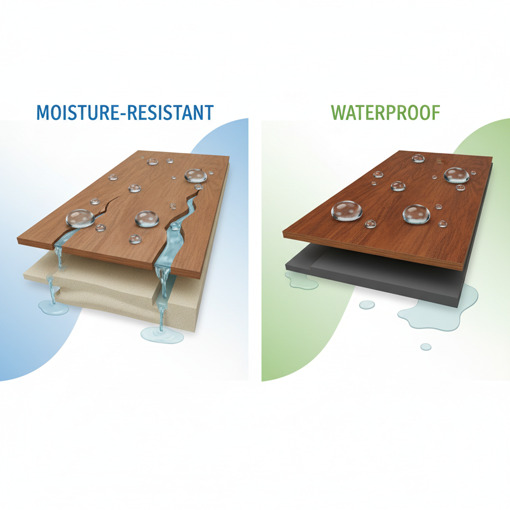 An infographic illustrating the difference between moisture-resistant and waterproof flooring. Moisture-resistant shows water seeping into the core, while waterproof shows water beading off an impervious surface.