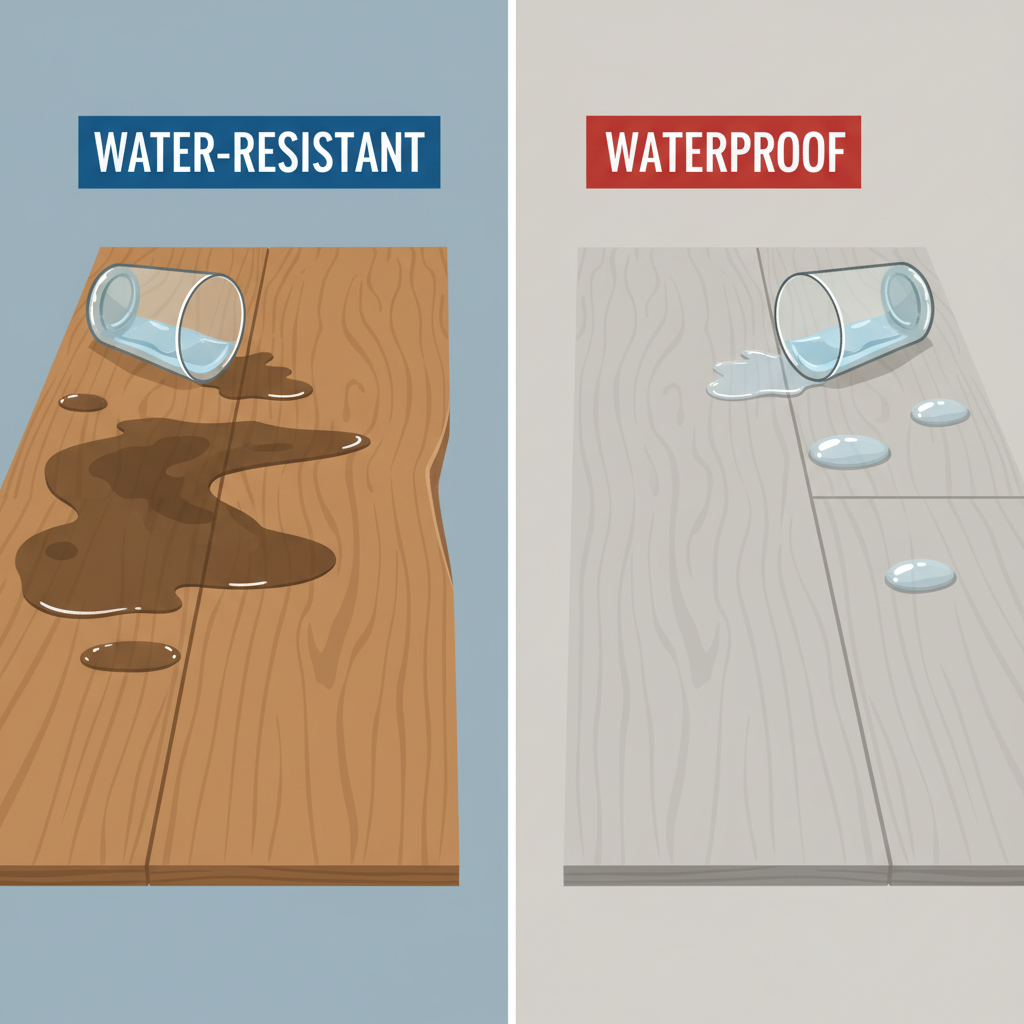 A split image illustration. On the left side, a traditional engineered wood floor plank shows visible signs of water damage, such as swelling, cupping, and discoloration, from a spilled glass of water that has been left for a period, clearly labeled 'Water-Resistant'. On the right side, a modern waterproof hardwood plank remains perfectly intact and pristine despite a similar spilled glass of water, showing water beading on the surface, clearly labeled 'Waterproof'. The style is clean, informative, and uses contrasting colors to emphasize the difference.