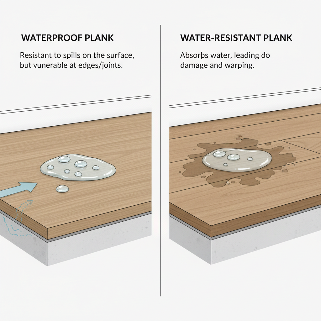 An illustration contrasting waterproof hybrid hardwood (water beads on surface, potential perimeter leak) with water-resistant traditional hardwood (absorbs water, shows cupping).