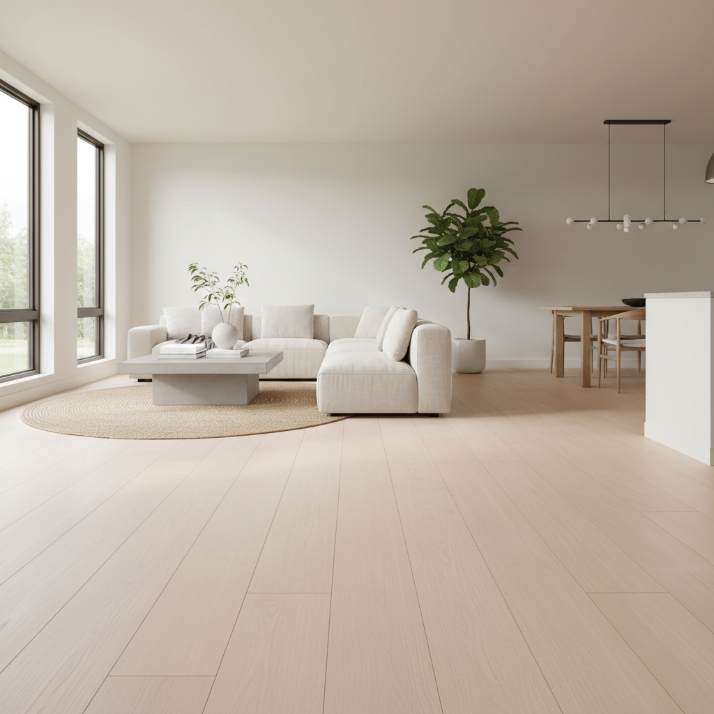 An interior design photograph of a spacious, modern open-concept living room featuring wide-plank Bravewood European Oak hybrid hardwood flooring. The planks should be light-toned, ultra-matte, and clearly wider than average (suggesting 7+ inches). The room should be airy with abundant natural light, minimalist furniture, and perhaps some greenery, emphasizing an expansive and grounded feel. Style: high-end interior photography, contemporary, bright, inviting.