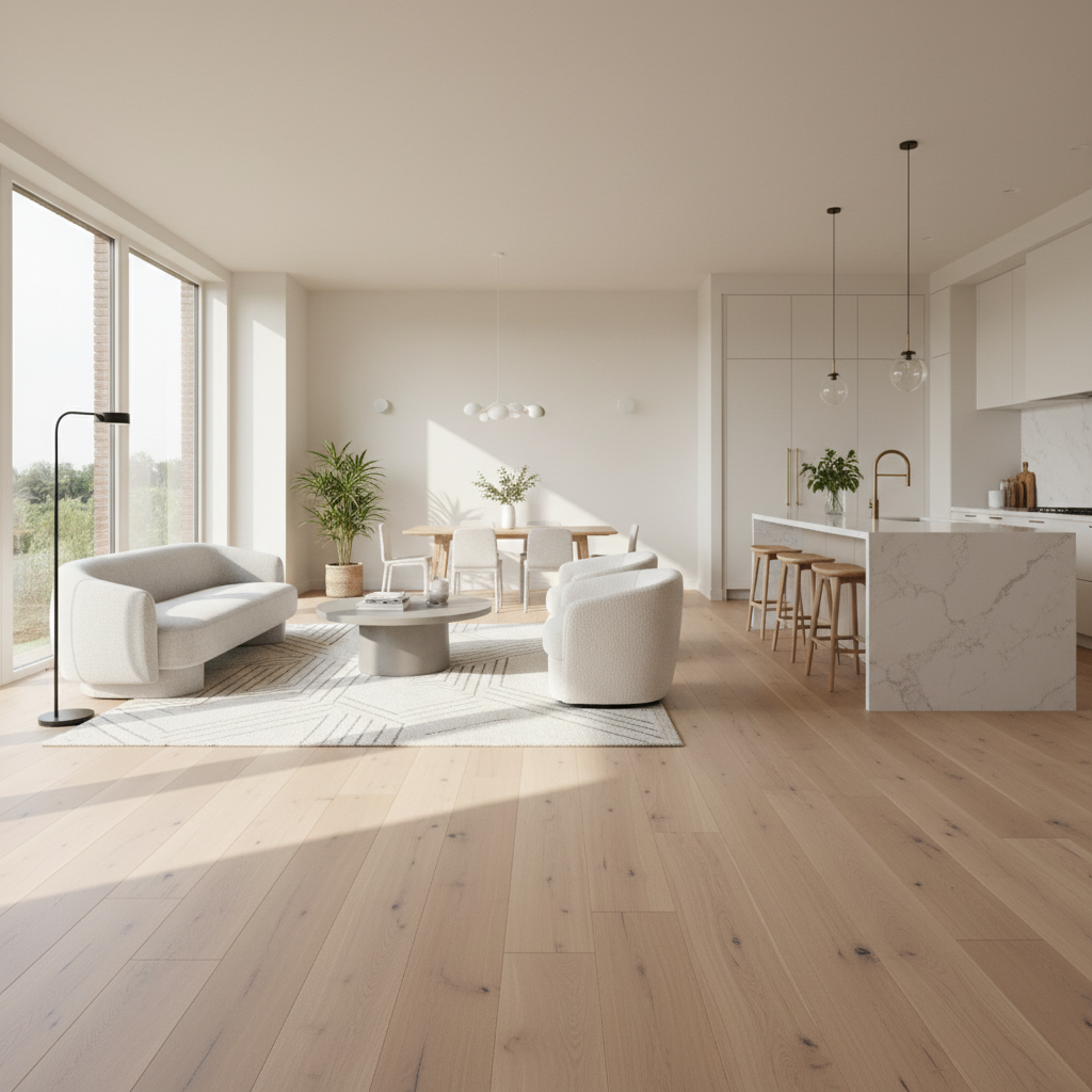 An elegant interior shot of a modern, open-concept living room or kitchen featuring wide-plank Bravewood hybrid hardwood flooring. The floor should showcase natural, varied wood grain patterns (e.g., European Oak style with a light, matte wash) and micro-bevel edges, giving a realistic, luxurious feel. Include subtle elements like natural light streaming in, a minimalist rug, and contemporary furniture to highlight the spaciousness and aesthetic appeal of the wide planks. Style: photorealistic, warm, inviting, interior design photography.