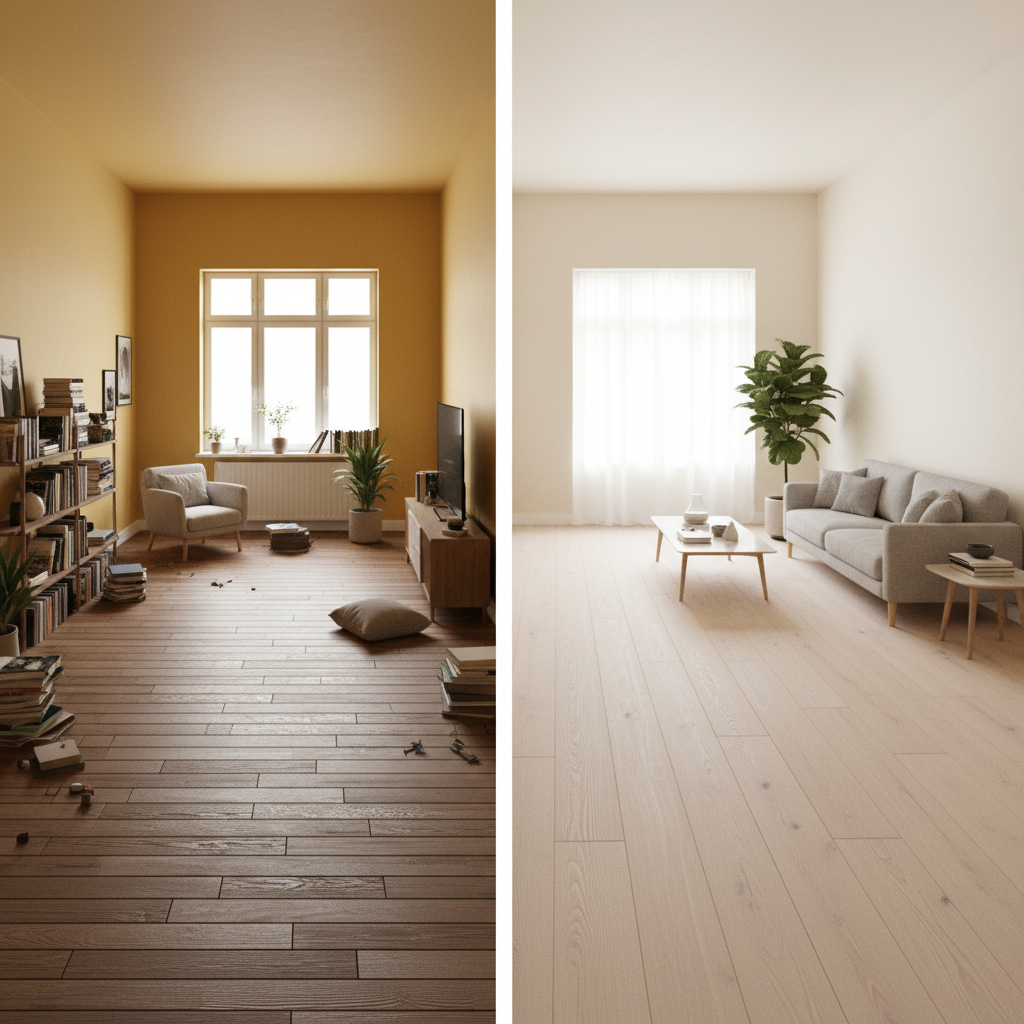 A dynamic, split-panel illustration. Left panel: a small, cozy room with narrow, traditional flooring planks, creating a cluttered and visually busy effect, making the space feel more confined. Right panel: the exact same small room, but now featuring wide, expansive hybrid hardwood planks, which visually open up the space, making it feel larger and more serene.
