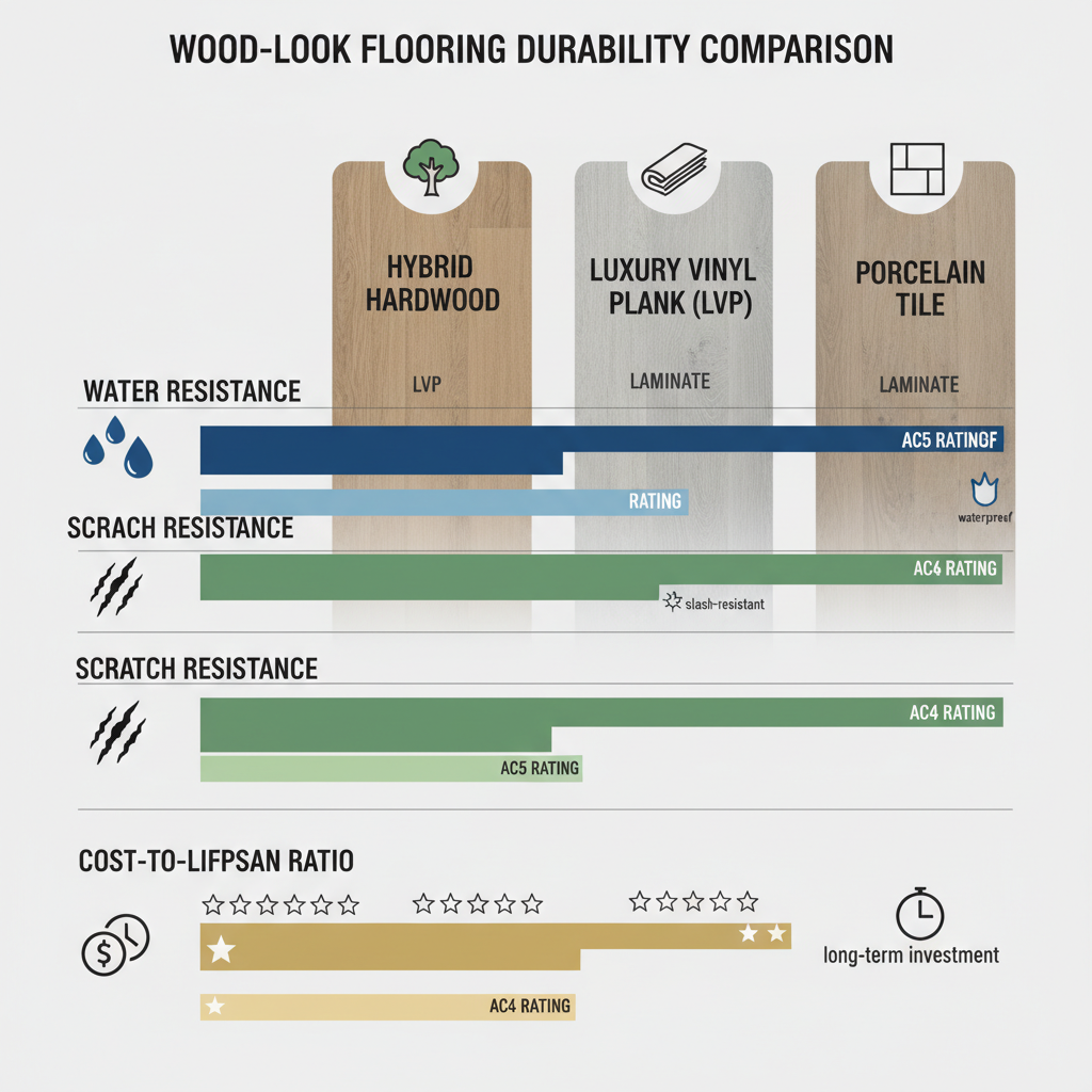 An infographic-style comparison chart showing four types of wood-look flooring: Hybrid Hardwood, Luxury Vinyl Plank (LVP), Laminate, and Porcelain Tile. Use clear, distinct icons and color-coded bars or star ratings for three key durability categories: 'Water Resistance' (represented by water droplets), 'Scratch Resistance' (represented by claws or scratch marks), and 'Cost-to-Lifespan Ratio' (represented by currency symbols and a clock). Hybrid Hardwood and Porcelain Tile should rank highest for water resistance, Hybrid Hardwood and Laminate (AC4) for scratch resistance, and Hybrid Hardwood for the best balance in cost-to-lifespan. Style: clean, modern, data visualization with a professional aesthetic.