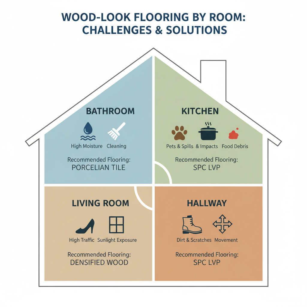 Infographic showing a room-by-room guide for wood-look flooring, matching specific rooms (bathroom, kitchen, living room, hallway) with suitable flooring types based on challenges.