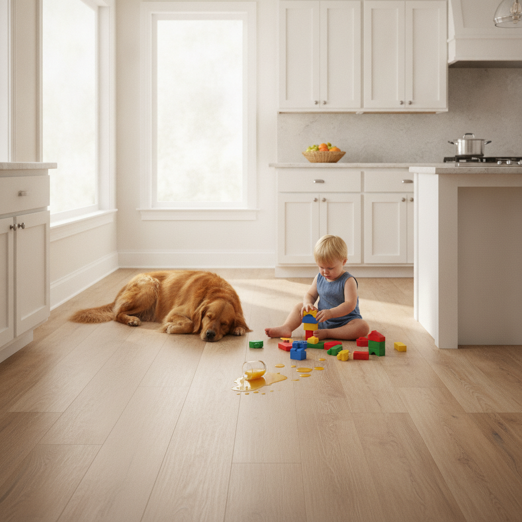 A busy kitchen with a dog and toddler playing on a light oak LVP floor, where a juice spill has beaded up on the waterproof surface.