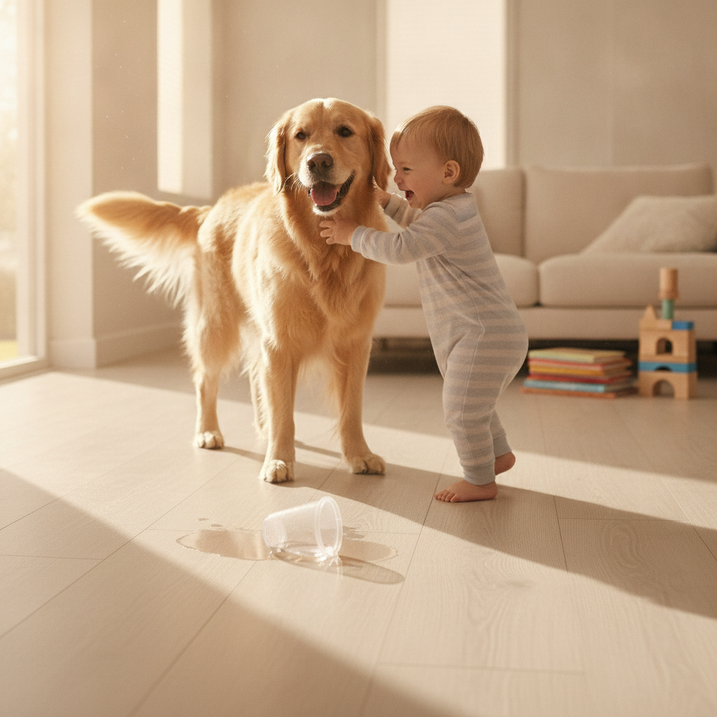 A warm photo of a golden retriever and a toddler playing on a waterproof hybrid hardwood floor, with a small, harmless puddle from a tipped sippy cup nearby, illustrating the floor's durability.