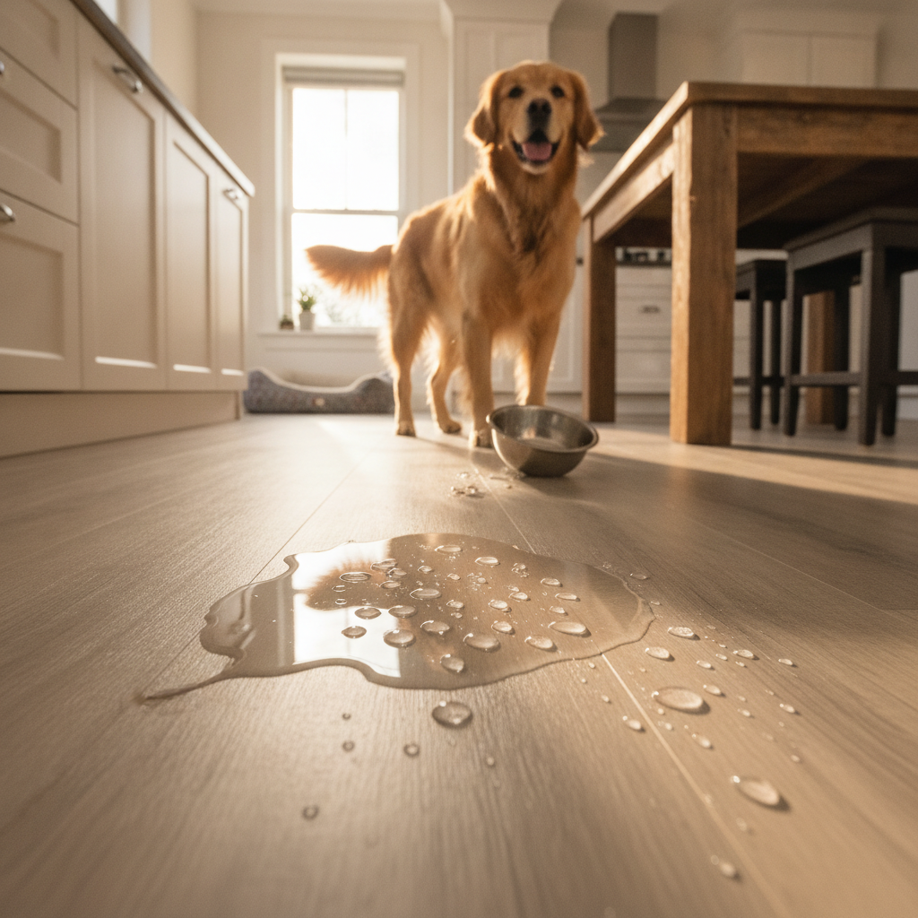 A golden retriever sitting on a durable, waterproof kitchen floor next to its water bowl, with splashed water beading up harmlessly on the surface.