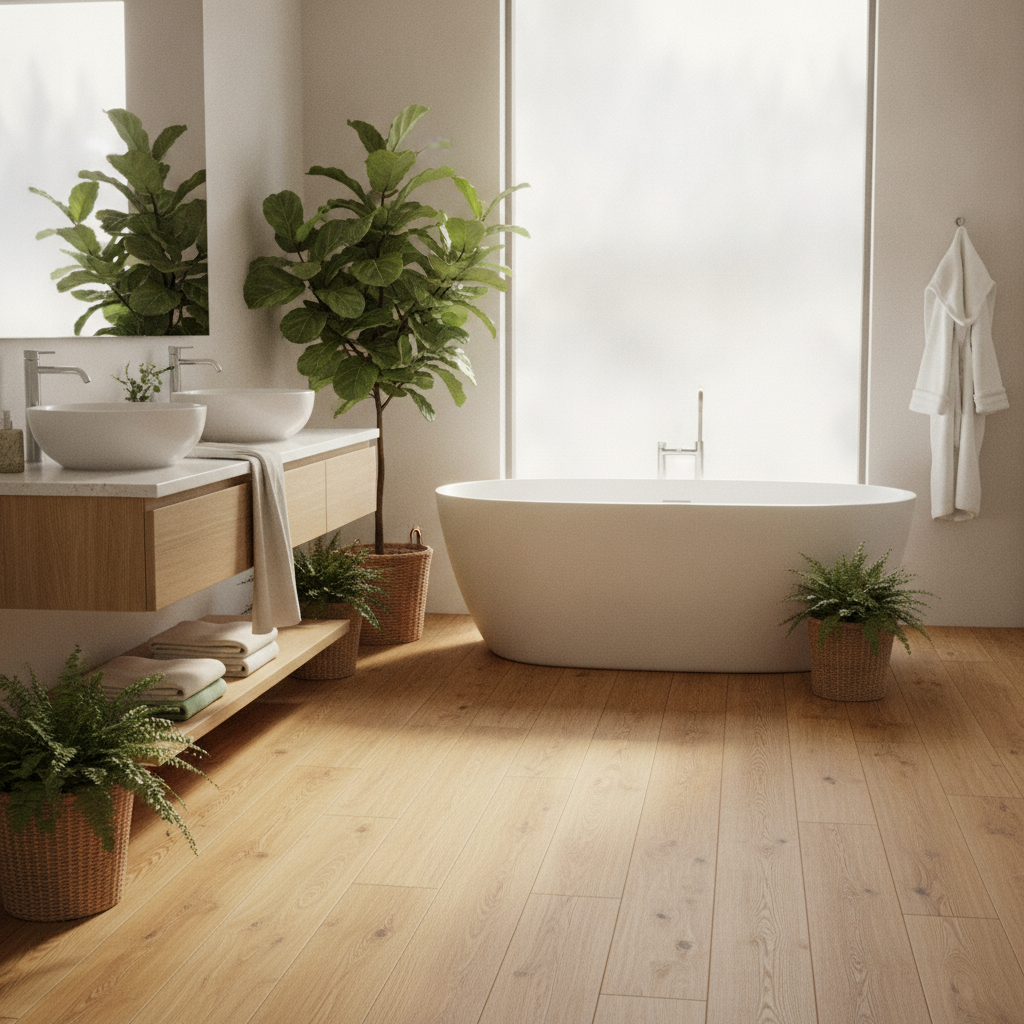 A modern, spa-like bathroom with waterproof hybrid hardwood flooring, a freestanding tub, and natural light.