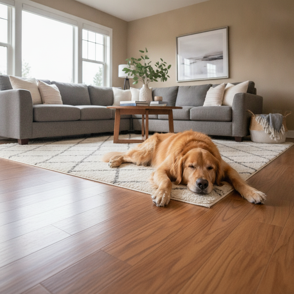 A warm and inviting lifestyle photo of a stylish living room featuring beautiful, medium-toned hybrid hardwood floors. A happy dog is lounging comfortably on a chic area rug in a high-traffic area. In the background, you can see neatly trimmed claws on the dog's paws, and the overall scene feels clean and well-maintained. This image illustrates the harmony between a beautiful home and responsible pet ownership.