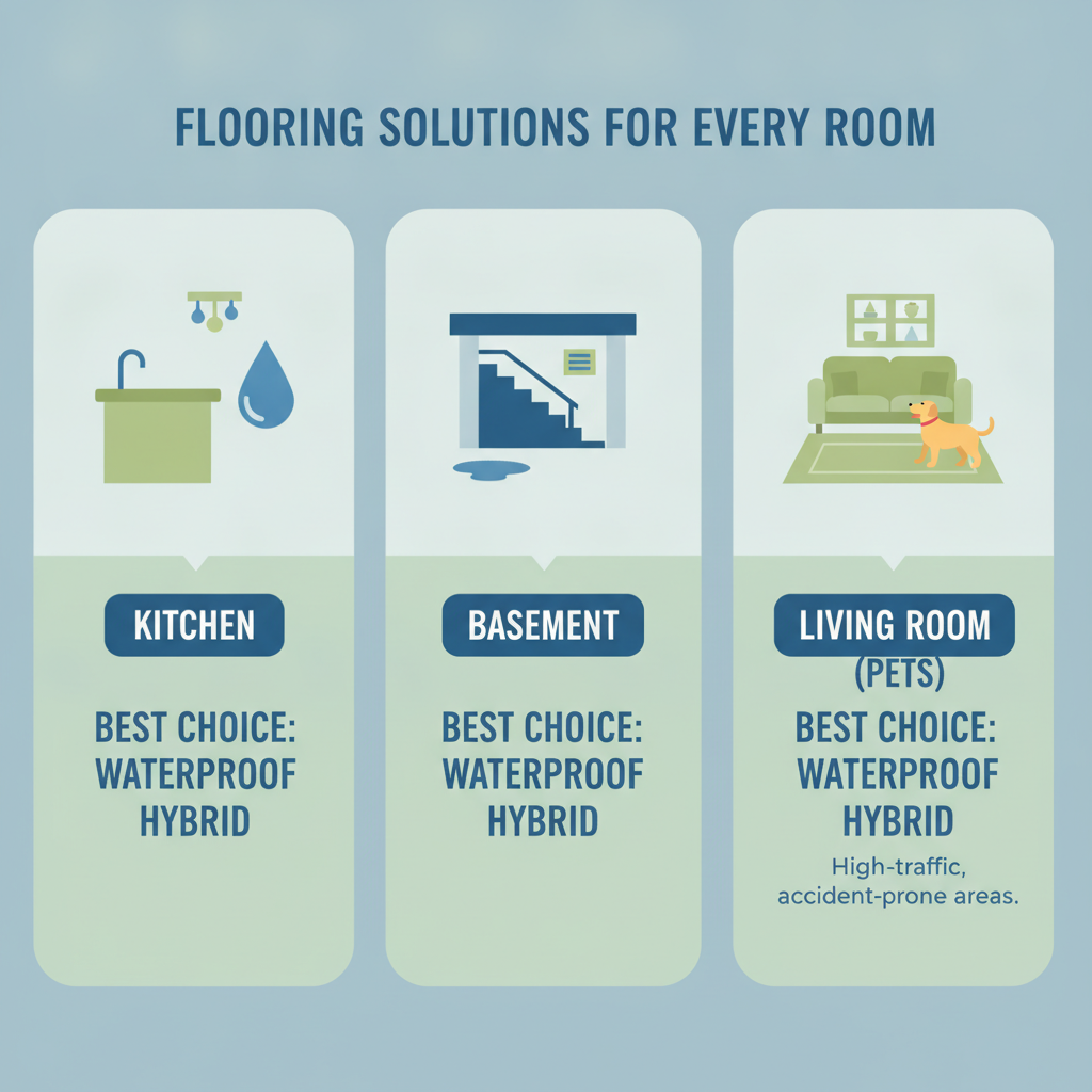 A clean, modern infographic with three distinct sections. Each section features a simple icon of a room: a kitchen with a water drop, a basement with stairs leading down, and a living room with a pet dog. Below each icon, a 'Best Choice' recommendation is clearly stated. For Kitchen and Basement, it says 'Waterproof Hybrid'. For the Living Room with a pet, it says 'Waterproof Hybrid', highlighting its suitability for high-traffic, accident-prone areas. The style is flat design with a clear, easy-to-read layout and a friendly color palette.