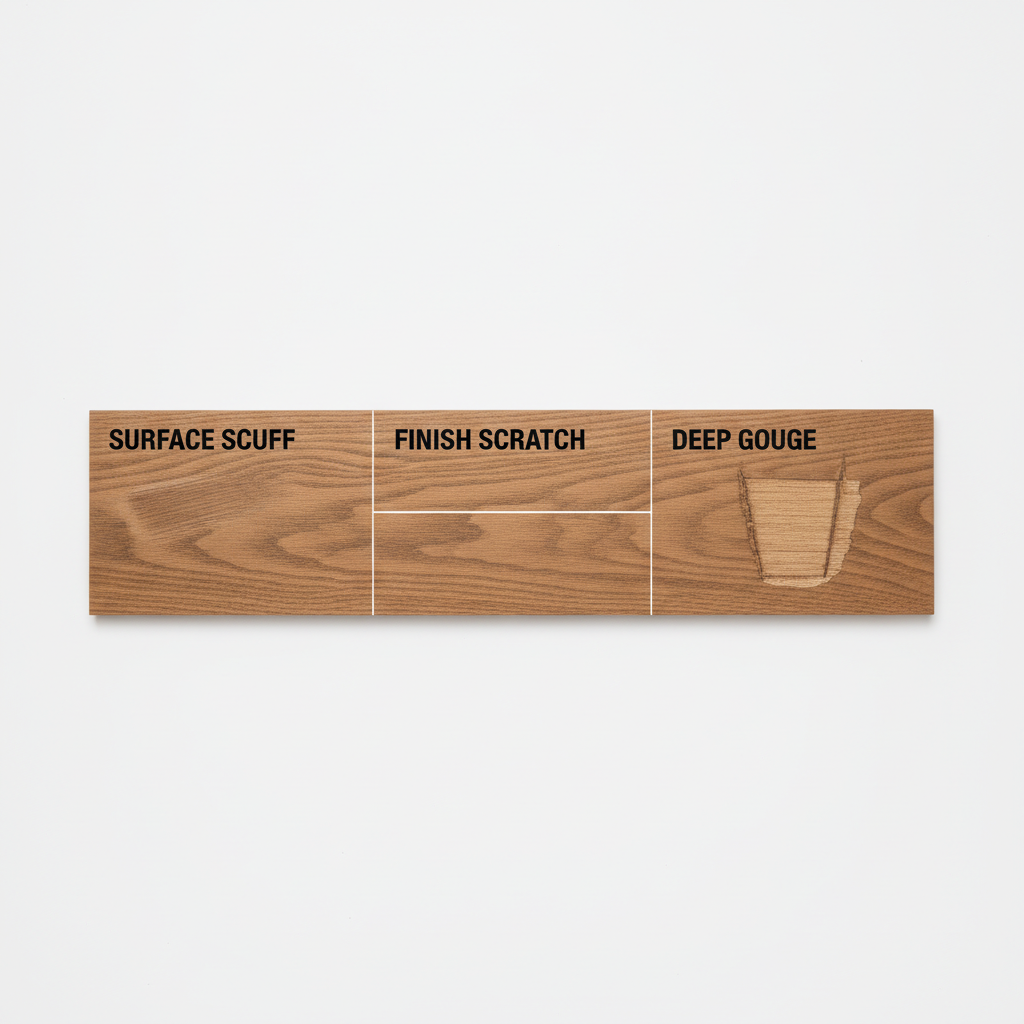 An educational infographic showing a top-down view of a hardwood plank with three labeled sections illustrating different scratch types: Surface Scuff, Finish Scratch, and Deep Gouge.