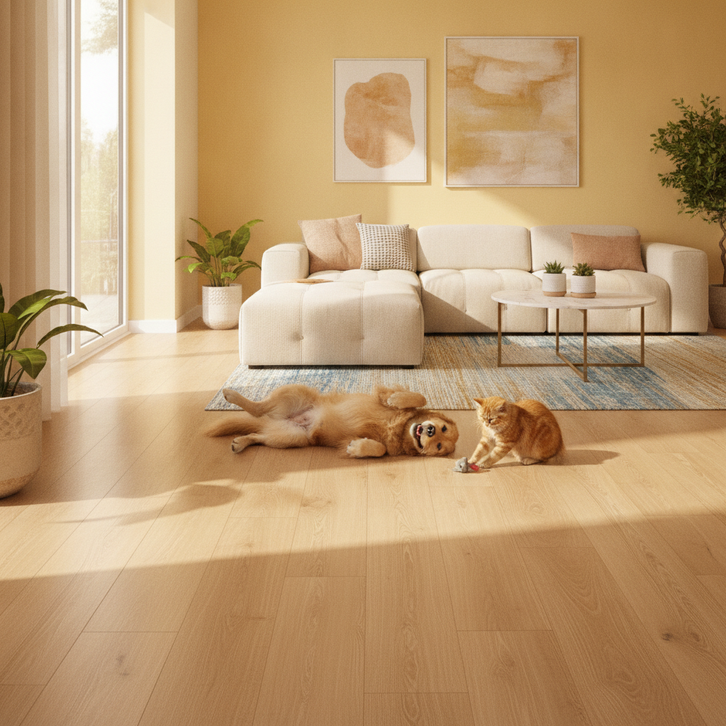 A bright living room with waterproof hardwood floors where a happy golden retriever and a cat lounge comfortably, demonstrating a worry-free pet-friendly home.