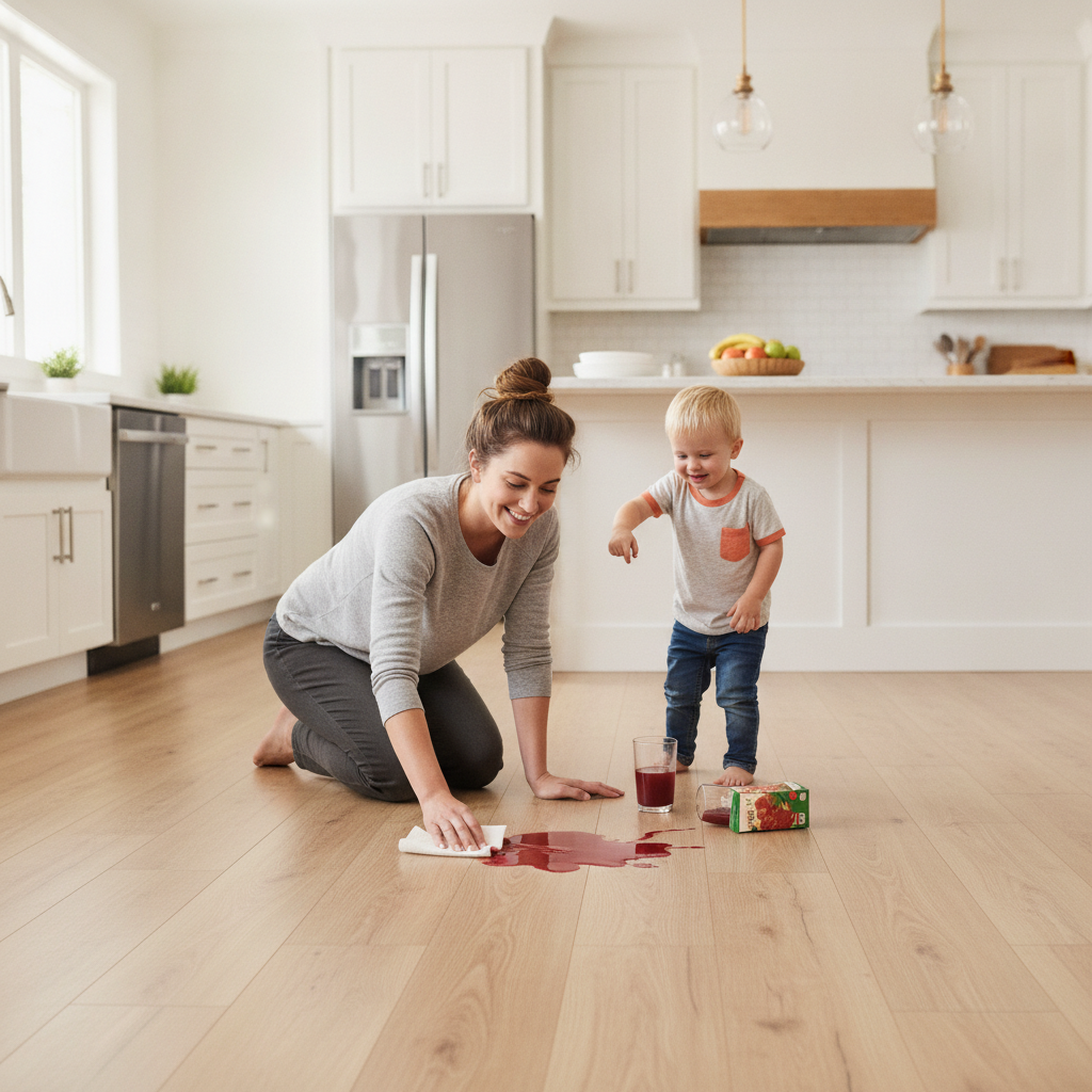 A parent calmly wipes up a red juice spill from a light oak LVP kitchen floor, demonstrating its stain-resistant and waterproof qualities in a family setting.