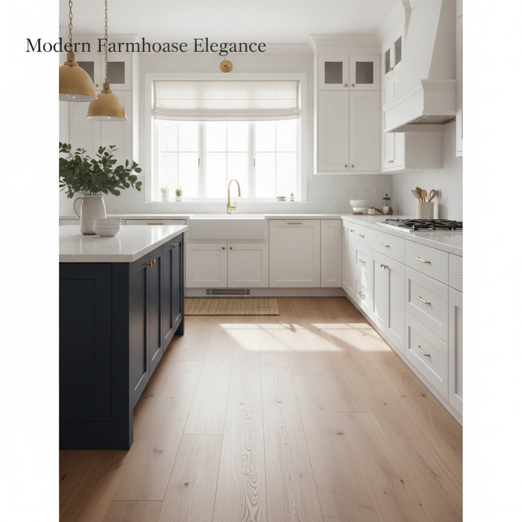 A modern farmhouse kitchen with light-colored Bravewood oak flooring, white cabinets, and a blue island, showcasing a sophisticated interior design.