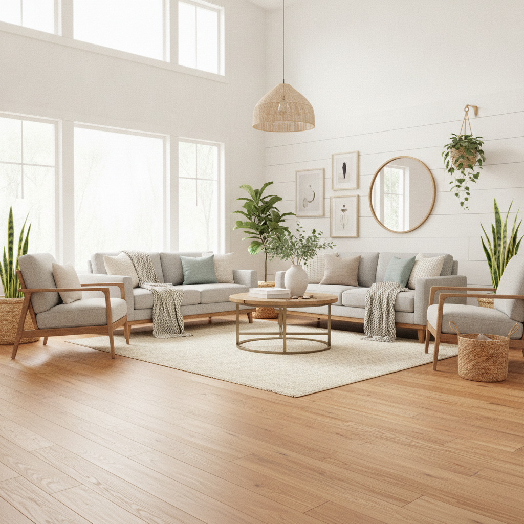 A sunlit living room with a Modern Farmhouse design, featuring warm, natural-toned Bravewood flooring.